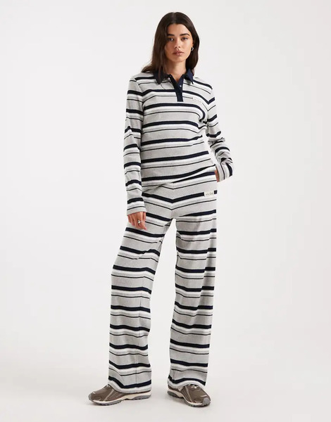  4th & Reckless Cotton Blend Logo Detail Ribbed Elastic Waist Wide Leg Pants In Navy And Gray Stripes - Part Of A Set-multi 