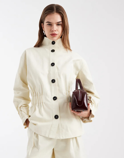  4th & Reckless Cotton Funnel Neck Button Up Shirred Waist Detailing Jacket In Cream - Part Of A Set-white 
