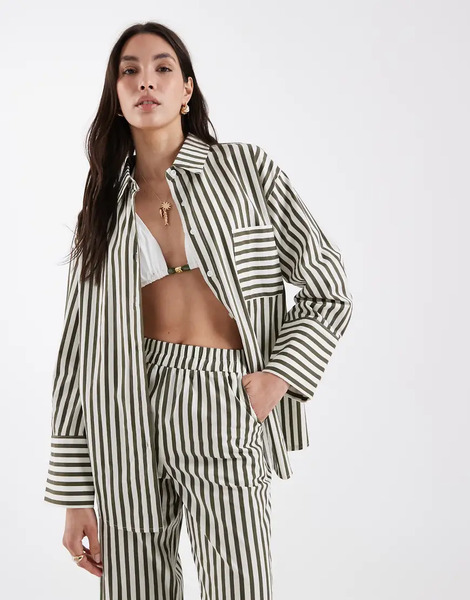  4th & Reckless Cotton Pocket Front Oversized Beach Shirt In Olive & White Stripe - Part Of A Set-green 