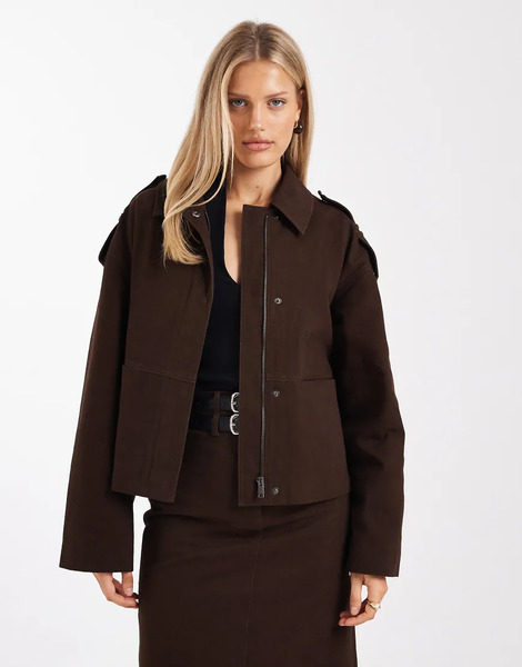  4th & Reckless Cotton Rich Buckle Detail Zip Up Harrington Jacket In Chocolate - Part Of A Set-brown 