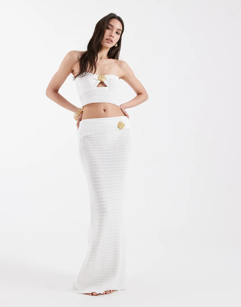  4th & Reckless Cotton Rich Knit Fold Over Gold Shell Hardware Detail Beach Maxi Skirt In White - Part Of A Set 