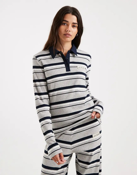 4th & Reckless Cotton Rich Ribbed Logo Detail Collared Long Sleeve Top In Navy And Gray Stripes - Part Of A Set-multi 