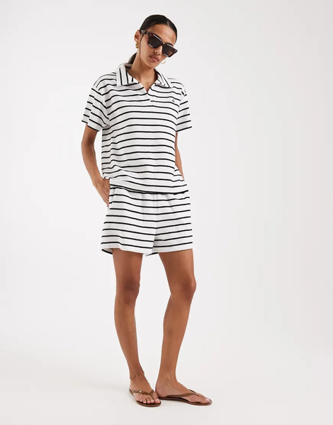  4th & Reckless Cotton Rich Towelling Collared Drawstring Waist Shorts In Black & White Stripe - Part Of A Set-multi 