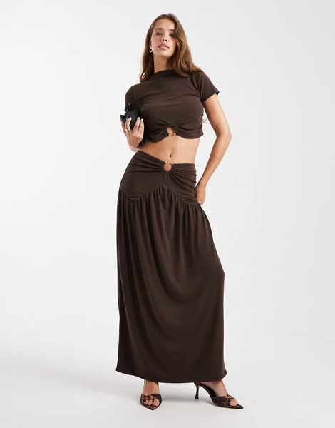  4th & Reckless Double Layered Slinky Gold-tone Hardware Detail Dropped Waist Maxi Skirt In Chocolate - Part Of A Set-brown 