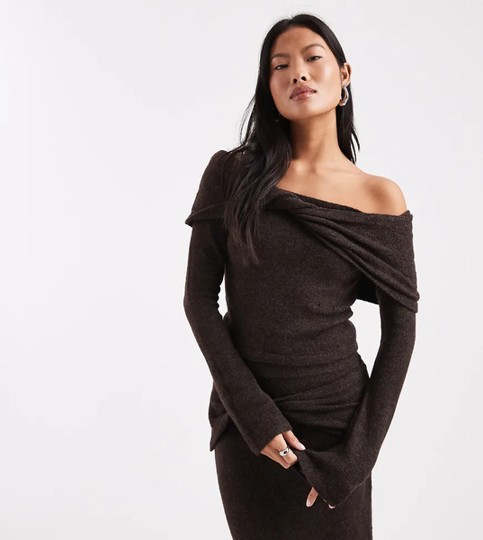  4th & Reckless Petite Knit Twisted Detail Off The Shoulder Sweater In Chocolate - Part Of A Set-brown 