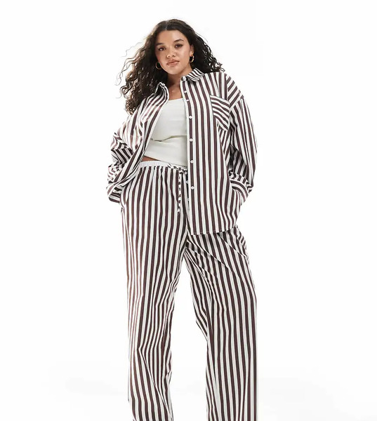  4th & Reckless Plus Cotton Wide Leg Boxer Detail Tie Waist Pants In Brown Stripe - Part Of A Set-multi 
