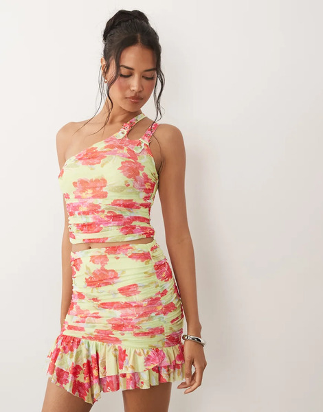  Afrm Phineas Mesh One Shoulder Double Buckle Detail Top In Lime And Pink Floral - Part Of A Set-multi 