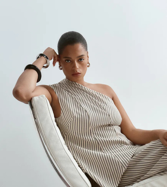  Arrange Curve One Shoulder Structured Top With Asymmetric Hem In Buttermilk Striped Print - Part Of A Set-multi 