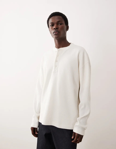  Asos Collective Super Heavyweight Oversized Boxy Long Sleeve Waffle Knit Henley T-shirt In Cream-white 