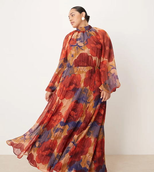  Asos Design Curve Crinkle Pleated Blouson Sleeve High Neck Maxi Dress In Red Blue Floral Print-multi 