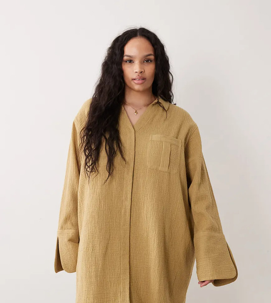  Asos Design Curve Double Cloth Mini Shirt Dress With Wide Cuffs And Oversized Pockets In Toasted Sage-green 