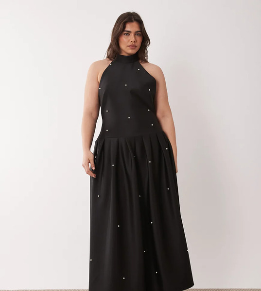  Asos Design Curve Premium Faux Pearl Embellished Maxi Dress With Scarf Detail In Black Scuba-style Fabric 