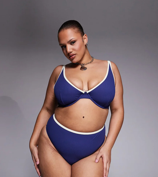  Asos Design Curve Ronnie Ribbed Contrast Binding Azores High Leg High Waist Bikini Bottom In Navy And Cream 