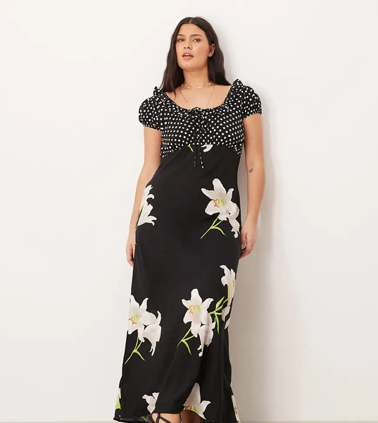  Asos Design Curve Scoop Neck Maxi Dress With Frill And Tie Detail In Mixed Spot And Floral Print-multi 
