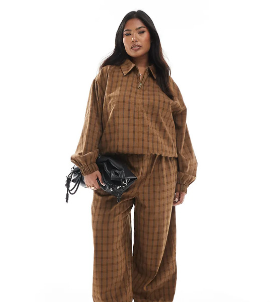  Asos Design Curve Textured Barrel Leg Pull On Pants With Seam Detail In Mustard Plaid - Part Of A Set-yellow 