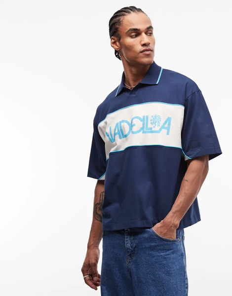 Asos Design Boxy Oversized Polo Shirt With Cut And Sew Paneling And Sports Graphic In Dark Blue-navy 