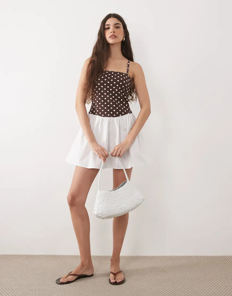  Asos Design Cami Square Neck With Dropped Waist Mini Dress In Polka Dot Print With Flippy Skirt-multi 