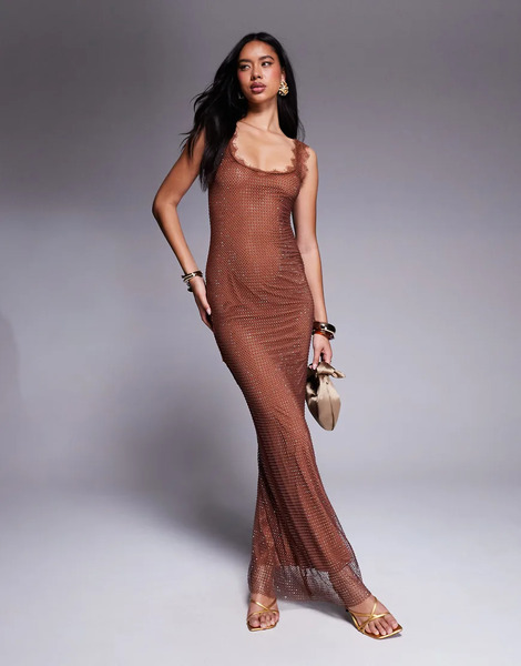  Asos Design Embellished Fishnet Hotfix Maxi Dress With Super Scoop Neck And Lace Trim In Chocolate-brown 
