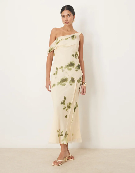  Asos Design Fallen Shoulder Twist Cowl Neck Seam Detail Midi Dress In Cream And Green Blur Print-multi 