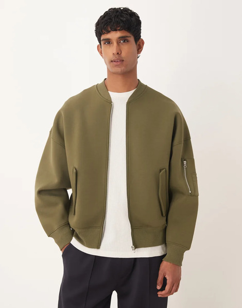 Asos Design Heavyweight Extreme Oversized Jersey Ma1 Bomber Jacket In Scuba-style Fabric In Khaki-green 