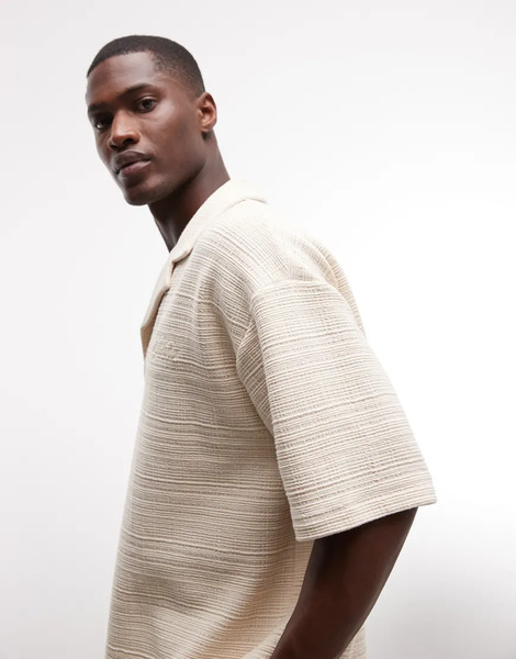  Asos Design Heavyweight Oversized Polo Shirt With Satin Chest Embroidery In Gray Textured Fabric - Part Of A Set-neutral 
