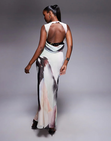  Asos Design High Neck Draped Column Maxi Dress With Low Cowl Back And Belt Strap Detail In Blurred Abstract Print-multi 