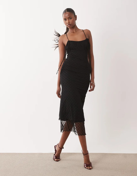  Asos Design Midi Length Textured Mesh Slip Dress With Ruched Bust And Peek-a-boo Hem Detail In Black 