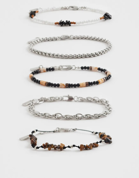  Asos Design 5 Pack Semi-precious Tigers Eye And Obsidian Chippings And Seedbead Bracelet In Multi-silver 