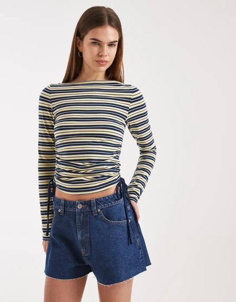  Asos Design Ruched Detailing Tie Sides Boat Neck Long Sleeve Top In Buttermilk And Navy Stripes-multi 