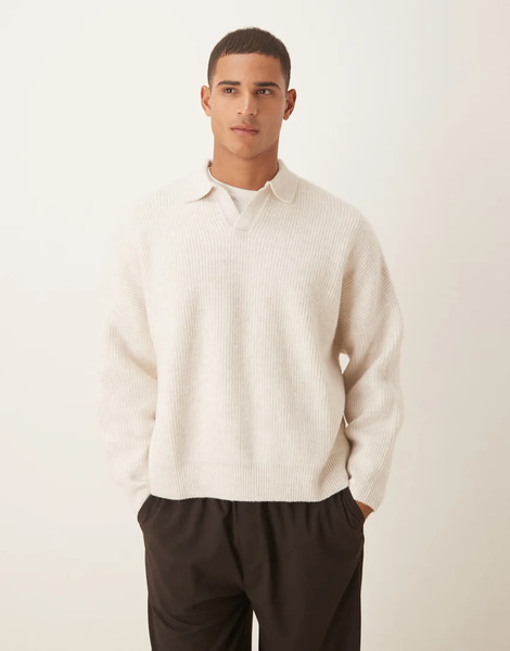  Asos Design Super Oversized Boxy Fit Knit Fisherman Rib Notch Neck Sweater In Oatmeal Heather-neutral 