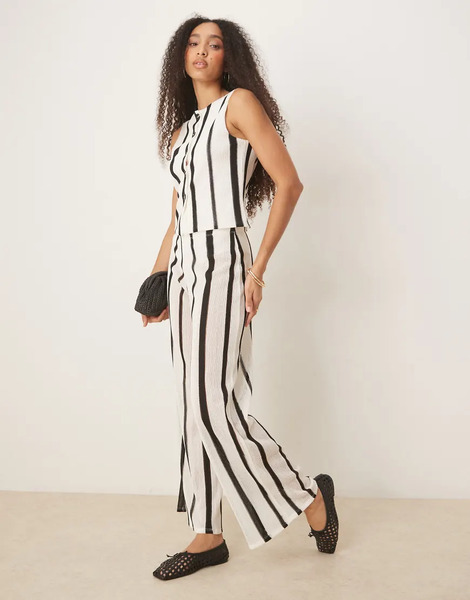  Asos Design Textured Crochet Semi Sheer Wide Leg Pants In Black And White Stripe - Part Of A Set-multi 