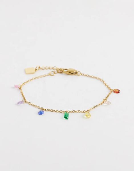  Asos Design Waterproof Stainless Steel Dainty Chain Bracelet With Multi-colored Drop Details In Gold Tone 