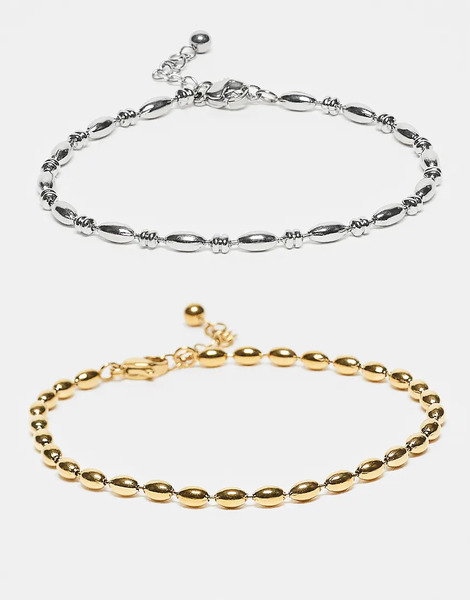  Asos Design Waterproof Stainless Steel 2 Pack Puffy Ball Chain Bracelets In Silver Tone And Gold Tone-multi 