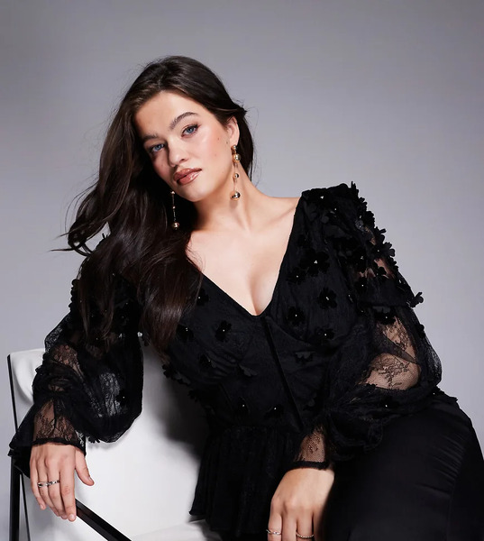  Asos Luxe Curve Mesh Floral Bardot Long Sleeved Top With Velvet Flowers And Pearl Embellishment In Black 