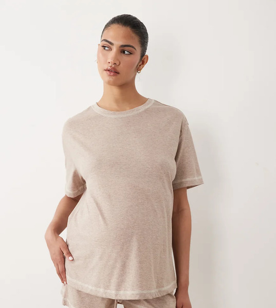  Asos Design Maternity Essentials Oversized Tee And Shorts Pajama Set In Heathered Brown With Contrast Overlock Stitching 