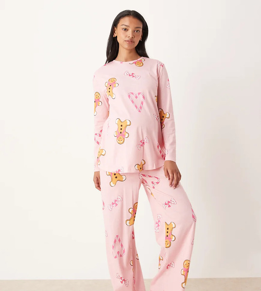  Asos Design Maternity Gingerbread & Candy Cane Long Sleeve Top & Pants Pajama Set In Pink Heather-purple 