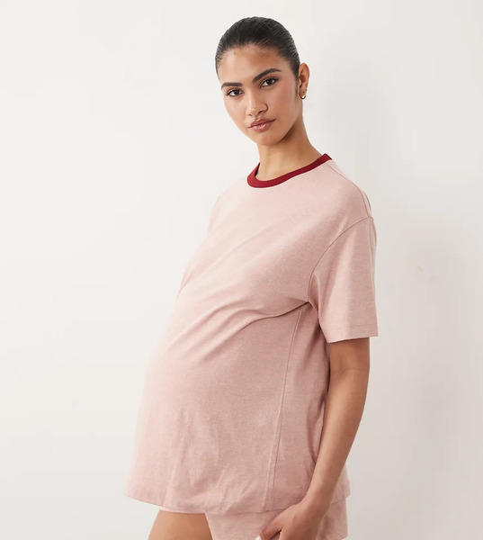  Asos Design Maternity Slubby Cotton Oversized Tee And Shorts Set With Contrast Neck Binding In Washed Red 