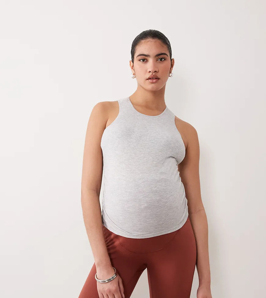  4505 Maternity Lightweight Ribbed Racer Neck Tank Top With Shelf Bra And Removable Padding In Heather Gray 