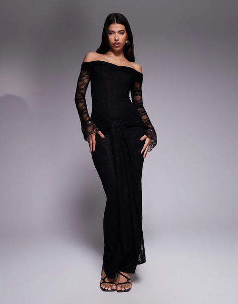  Kaiia Exclusive Double Layered Slinky Lace Off The Shoulder Flare Sleeve Tie Waist Drape Detail Maxi Dress In Black 