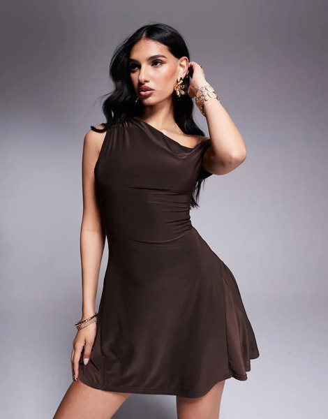  Kaiia Exclusive Double Layered Slinky Off Shoulder Drape Detail Fitted Waist Mini Skater Dress In Chocolate Brown 