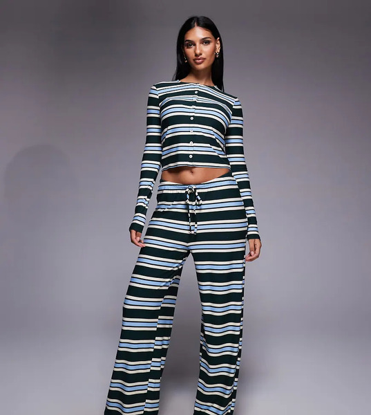  Kaiia Exclusive Super Soft Jersey Drawstring Pants In Green And Baby Blue Stripes - Part Of A Set-multi 
