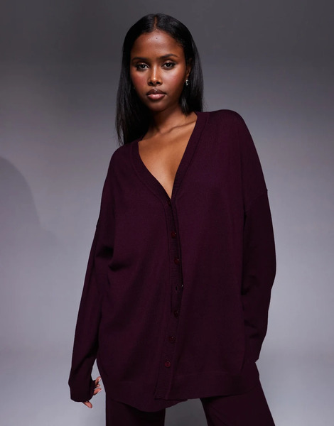  Kaiia Exclusive V-front Button Through Knit Relaxed Longline Cardigan In Burgundy - Part Of A Set-red 