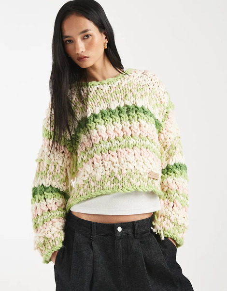  Kiwi & Co Pixie Contains Wool Hand Knit Chunky Knit Fringe Sleeve Cropped Sweater In Lime & Pink-green 
