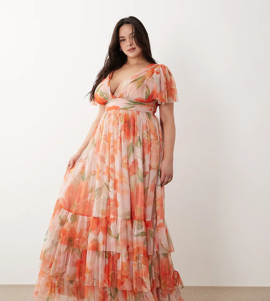  Lace & Beads Plus Bridesmaid Madison Smocked Plunge Neck Flutter Sleeve Maxi Dress In Orange Poppy Print-multi 