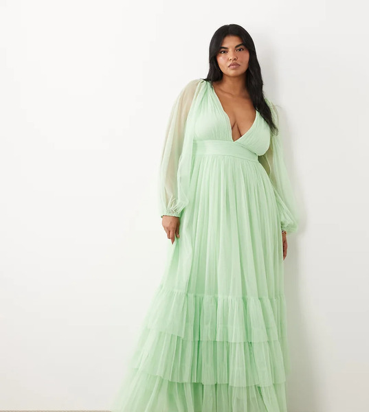  Lace & Beads Plus Bridesmaid Madison Smocked Plunge Neck Sheer Sleeves Maxi Dress In Light Sage-pink 