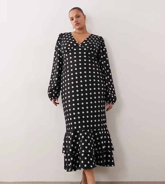  Lace & Beads Plus Plunge Neck Balloon Sleeve Tiered Ruffle Hem Maxi Dress In Black And White Polka Dots 