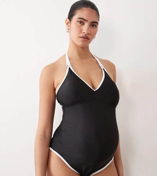  Mamalicious Maternity Contrast Binding Halter One-piece Swimsuit With Nursing Clip Function In Black 