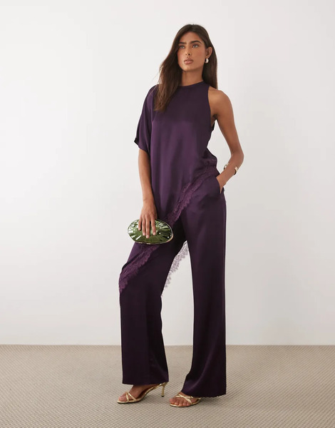  Mango Yazmin Round Neck Half Sleeve Asymmetric Lace Detailed Satin Top In Plum - Part Of A Set-purple 