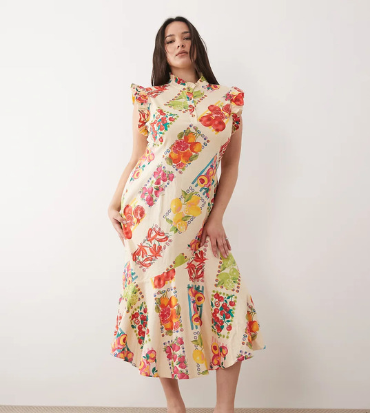  Never Fully Dressed Plus Remi Flutter Sleeve Button Placket Midi Dress In Pink Fruit Sticker Print-multi 