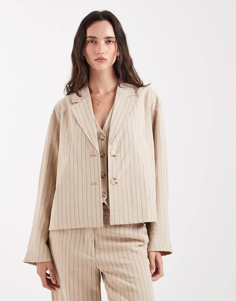  Object Mix & Match Short Boxy Tailored Blazer In Hummus And Black Pinstripes - Part Of A Set-neutral 